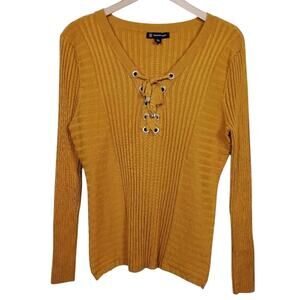INC International Concepts Lace Up Ribbed Knit Top Yellow Petite XL Long Sleeve